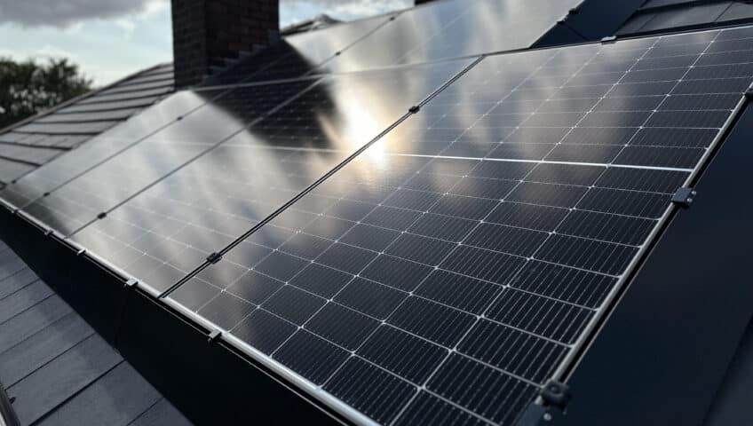 Photovoltaic solar panels on a rooftop, generating sustainable clean energy